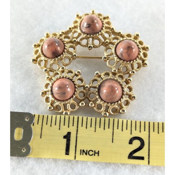 Open Gold Tone and Marbled Pink Tone Brooch - Picture 3 of 9